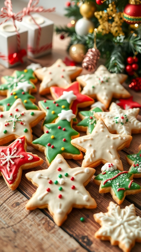 Christmas Sugar Cookie Recipe Decorated Christmas sugar cookies in festive shapes on a wooden table with holiday decorations.